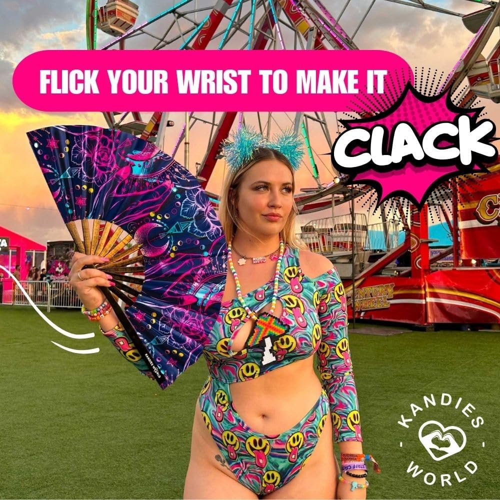 Kandies World UV Reactive Custom Festival Folding Hand Fan - Unique Designs, Made of Bamboo, Clacking Sound, Lightweight - Perfect Rave and Festival Accessory!