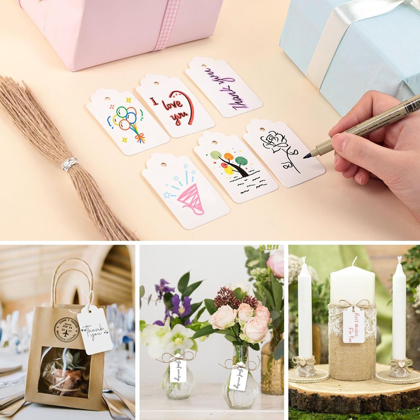 SallyFashion 300PCS Gift Tags with String Attached, 1.7 x 2.8 inch Kraft Paper Hang Tags for Clothes DIY Crafts Wedding Holiday (White)