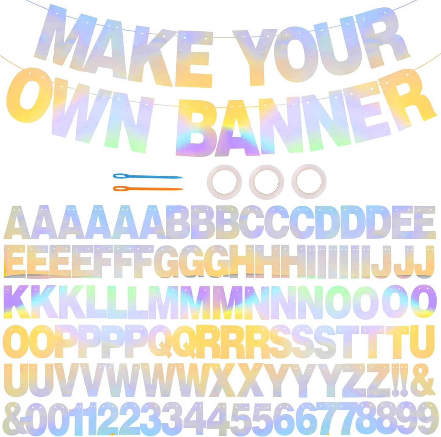 BEISHIDA 116 PCS A-Z Glitter Laser Silver DIY Letter Banner Kit Make Your Own Banner，Including 111 Letters and Numbers 3 Rope and 2 Threading Device,Customized for Birthday Graduation Wedding Party Decor