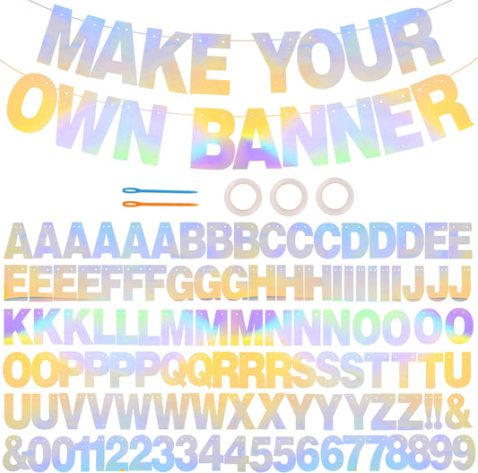 BEISHIDA 116 PCS A-Z Glitter Laser Silver DIY Letter Banner Kit Make Your Own Banner，Including 111 Letters and Numbers 3 Rope and 2 Threading Device,Customized for Birthday Graduation Wedding Party Decor