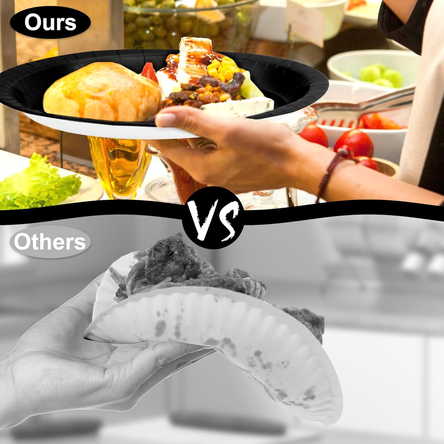 QZYL 50 Count Black Large Paper Plates, 12.2'' X 10.2'' Oval Disposable Plates, Daily Heavy Duty Dinnerware Party Decorations for Birthday Wedding Formal Dinner Holiday