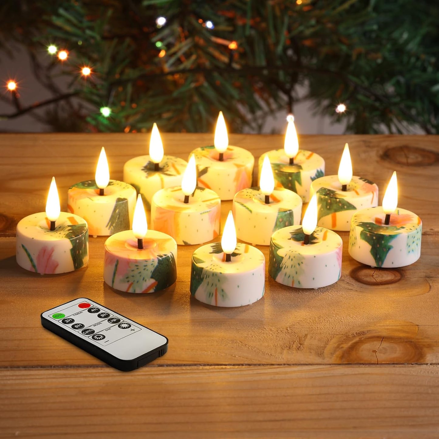 Eywamage Christmas Tree Flameless Tealights with Remote, Flickering Battery Operated LED Tea Votive Candles Set of 12
