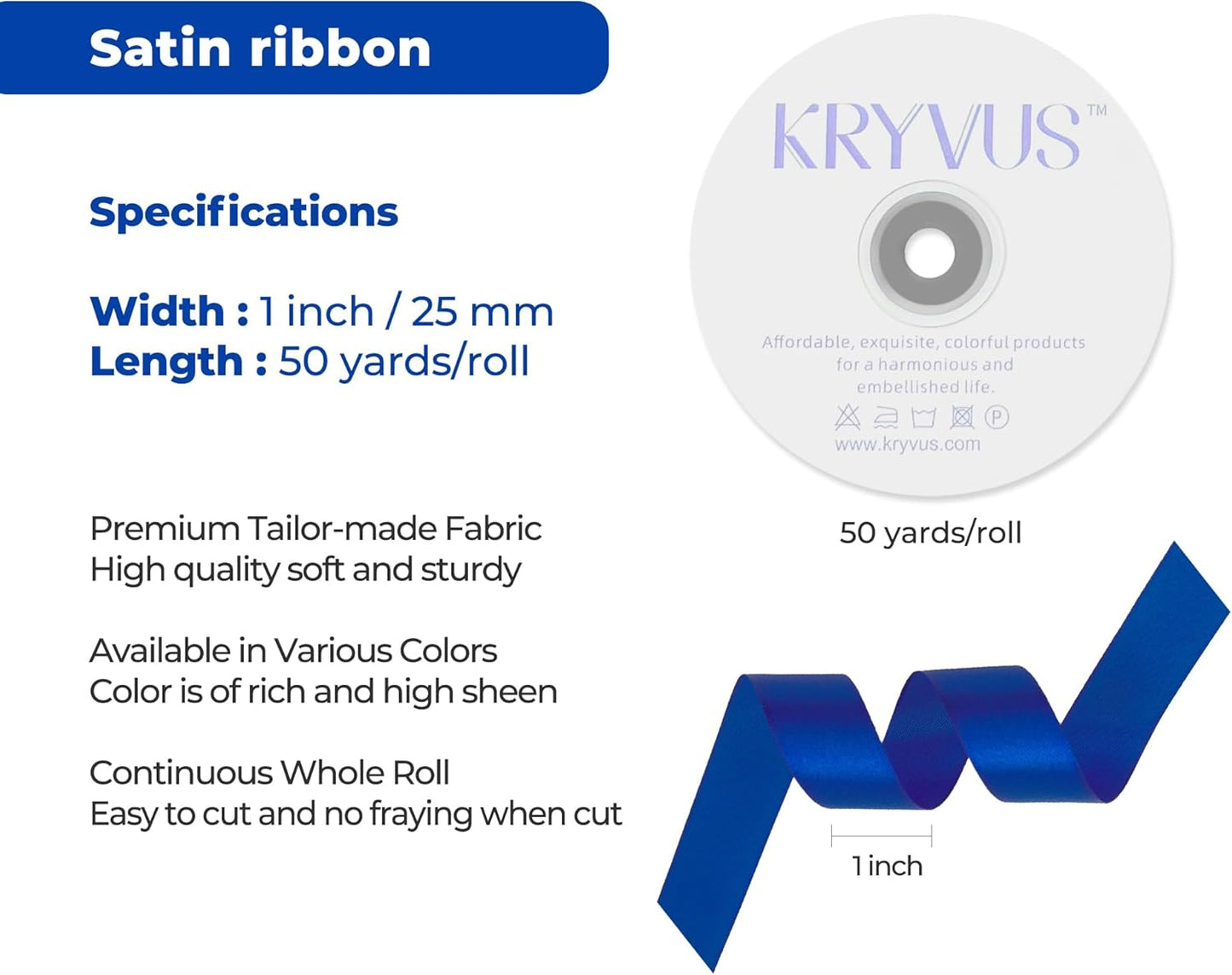 Dark Royal Blue Satin Ribbon 1 inch X Continuous 50 Yards, Single Face Polyester Ribbon Perfect for Gift Wrapping, Flower Bouquet, Wedding Decor, Crafts, Bow Making, Sewing and More