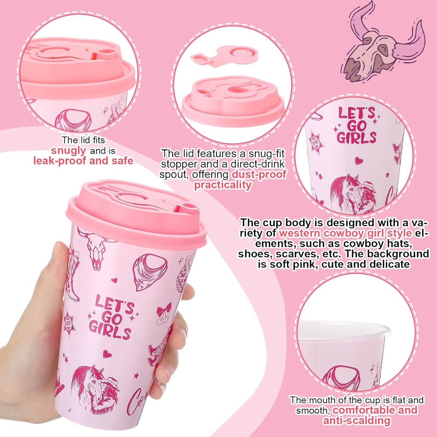 Yungyan 24 Sets Pink Cowgirl Party Favors Goodie Cups with Lids and Straws for Halloween Party Decorations Reusable 16oz Plastic Candy Cups Plastic Straws for Birthday Gift(Pink Cowgirl)