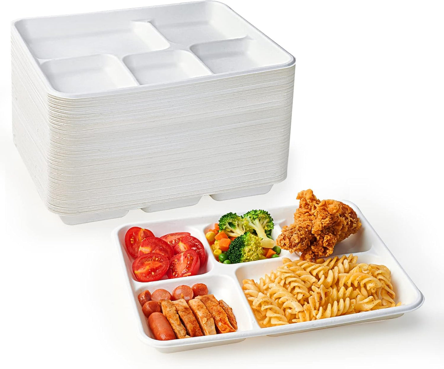 ECOLipak 100% Compostable 5 Compartment Plates, 125 Pack Disposable Paper Plates, Heavy-Duty Biodegradable Sugarcane Plates, Eco-Friendly School Lunch Trays