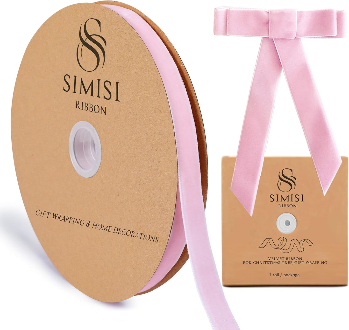 Pink Velvet Ribbon 5/8'' 25 Yards for Christmas Tree, Gift Wrapping, Flower Bouquet, Wreath Decorations, Bow Making