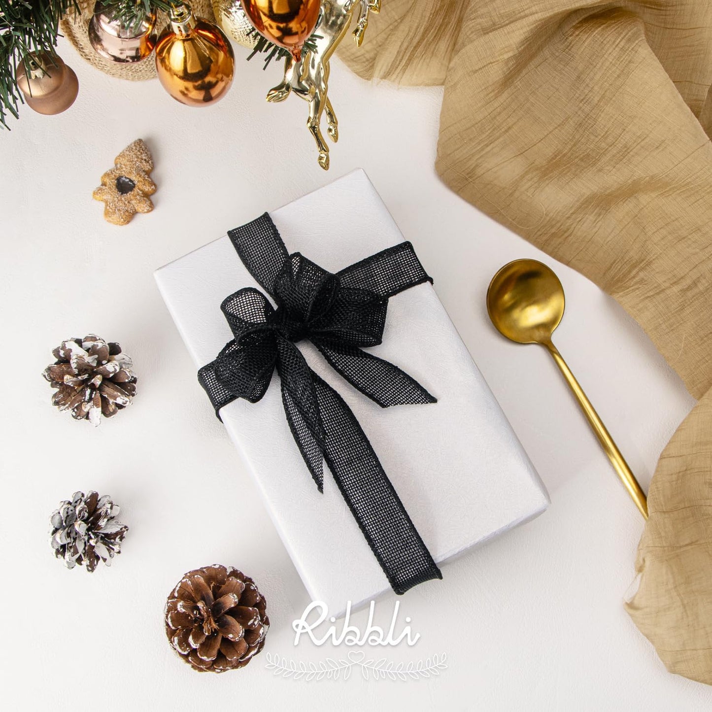 Ribbli Black Burlap Wired Ribbon, 1” Inch x Continuous 20 Yard, Black Wired Ribbon for Wreaths,Big Bows,Tree Decoration,Outdoor Decoration