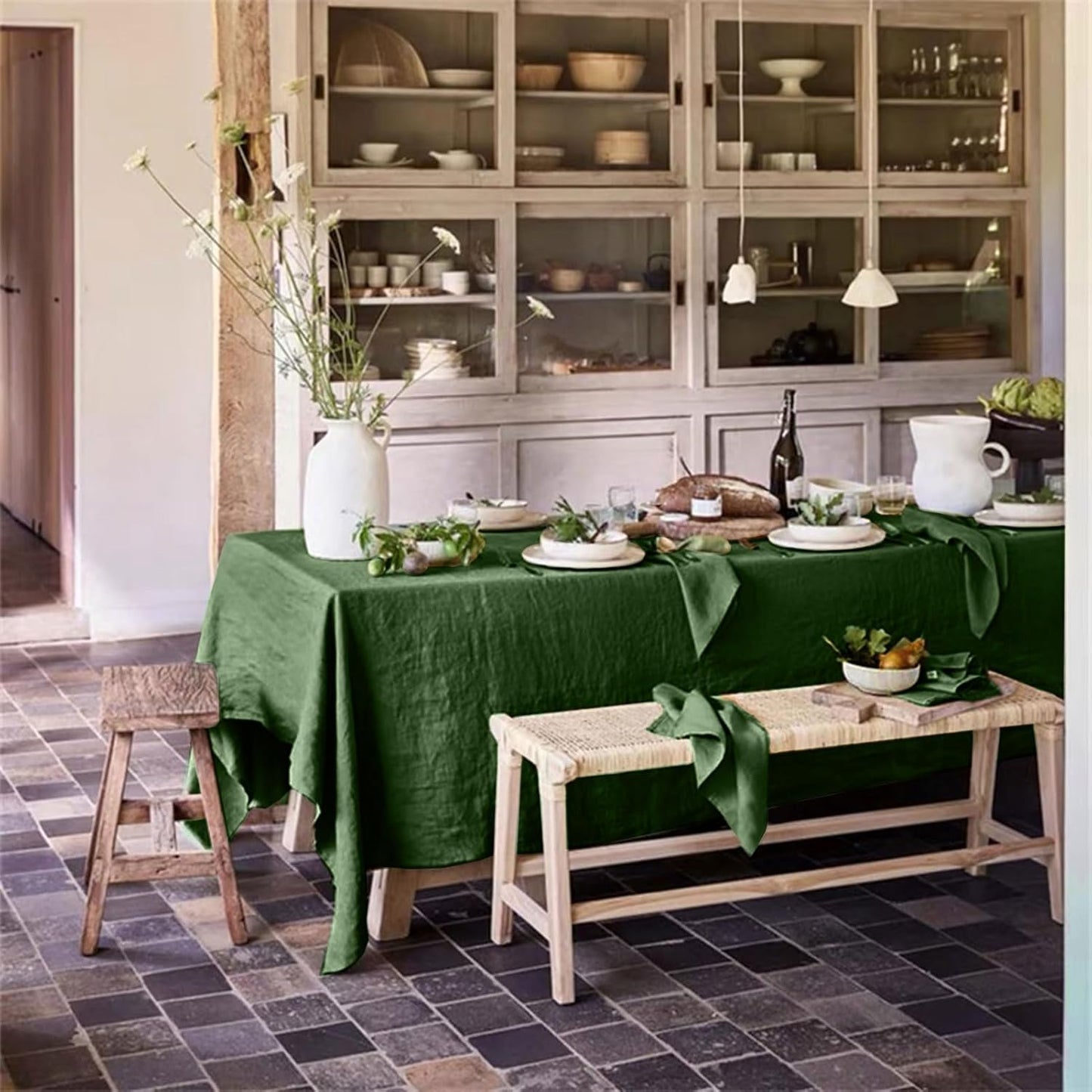 Talasily Linen Tablecloth 100% Pure Linen Table Cloth 60x108 Inches Rectangle Tablecloths Washable Cloths for Kitchen, Dining, Buffet Parties, Holidays, Picnic,Weddings and Restaurants-Forest Green