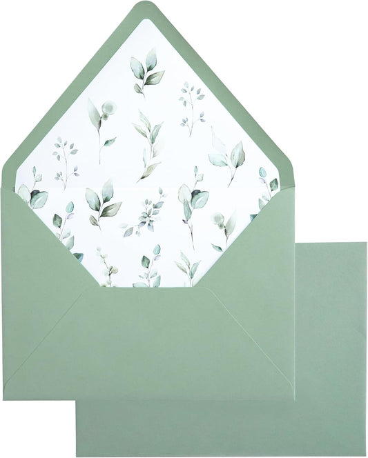 PONATIA 50PCS A7 Euro Flap Envelope, 5.25 x 7.25'' Sage Green Flowers Liner Envelopes for Wedding Invitations, Photos, Postcards, Greeting Cards, Christmas Gift, Acrylic Mailing