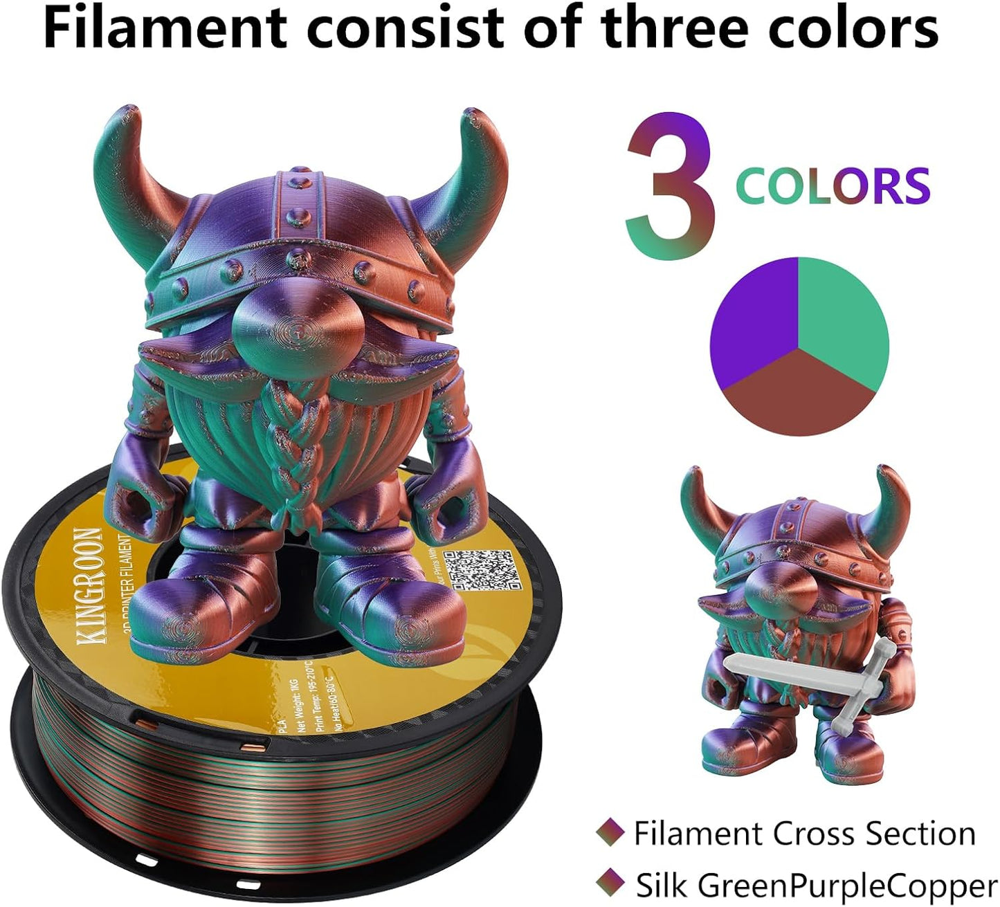 Kingroon Silk PLA Triple Color,3D Printer Filament,Pla Filament 1.75mm,Multicolor Filament 1KG,Dimensional Accuracy +/- 0.03mm,for Most FDM 3D Printer,Green Purple Copper