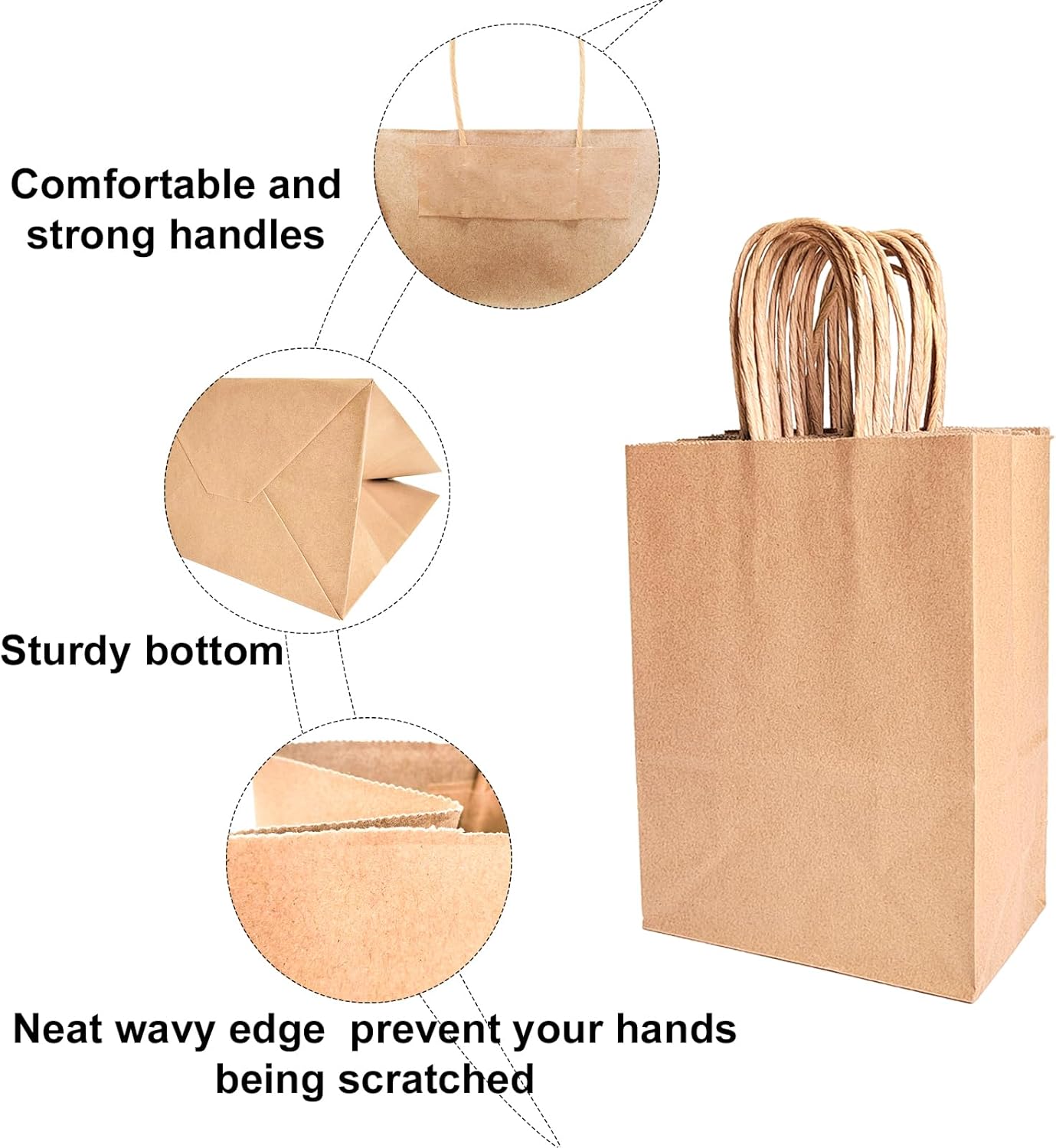 BAG BOX 100 Pcs Small 5.9x3.1x8.25 Inch Brown Kraft Paper Gift Bags with Handles for Bulk Wedding, Party Favors, Grocery, Shopping, Retail Merchandise, Gift Sacks