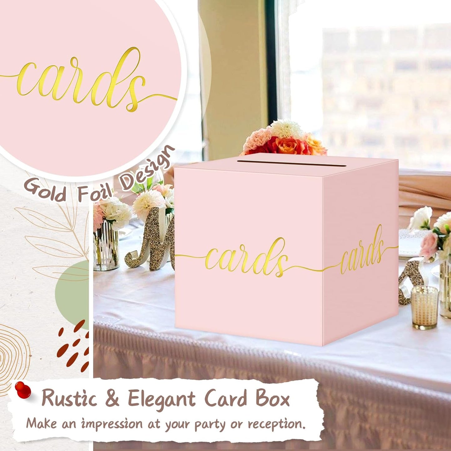 QIKSION Pink Wedding Card Box, Gold Foil Gift Card Box for Party, Wedding Reception, Graduation, Birthday, Baby Shower, Raffle