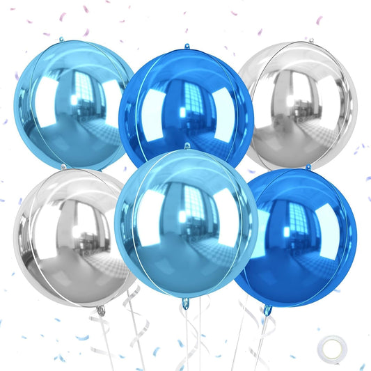Giant 4D Foil Balloons, 6Pcs Large Metallic Light Blue Royal Silver Round Balloons, 22 Inch Big Round Foil Balloon for Red Birthday Party Baby Shower Wedding Decorations