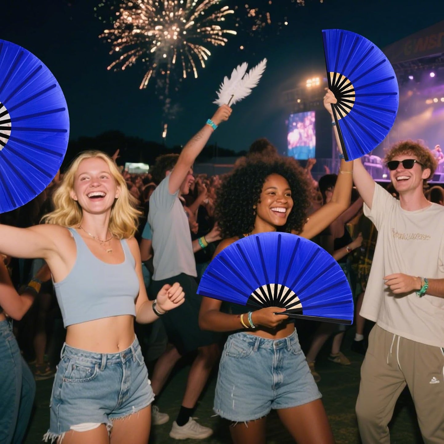 13inch Large Rave Fan Popping Clacking Fans for Line Dancing,Hand Fans for Women Foldable,Boots on The Ground Fan,Portable for Outdoor,Wedding,Party,Decoration (2pcs Blue)