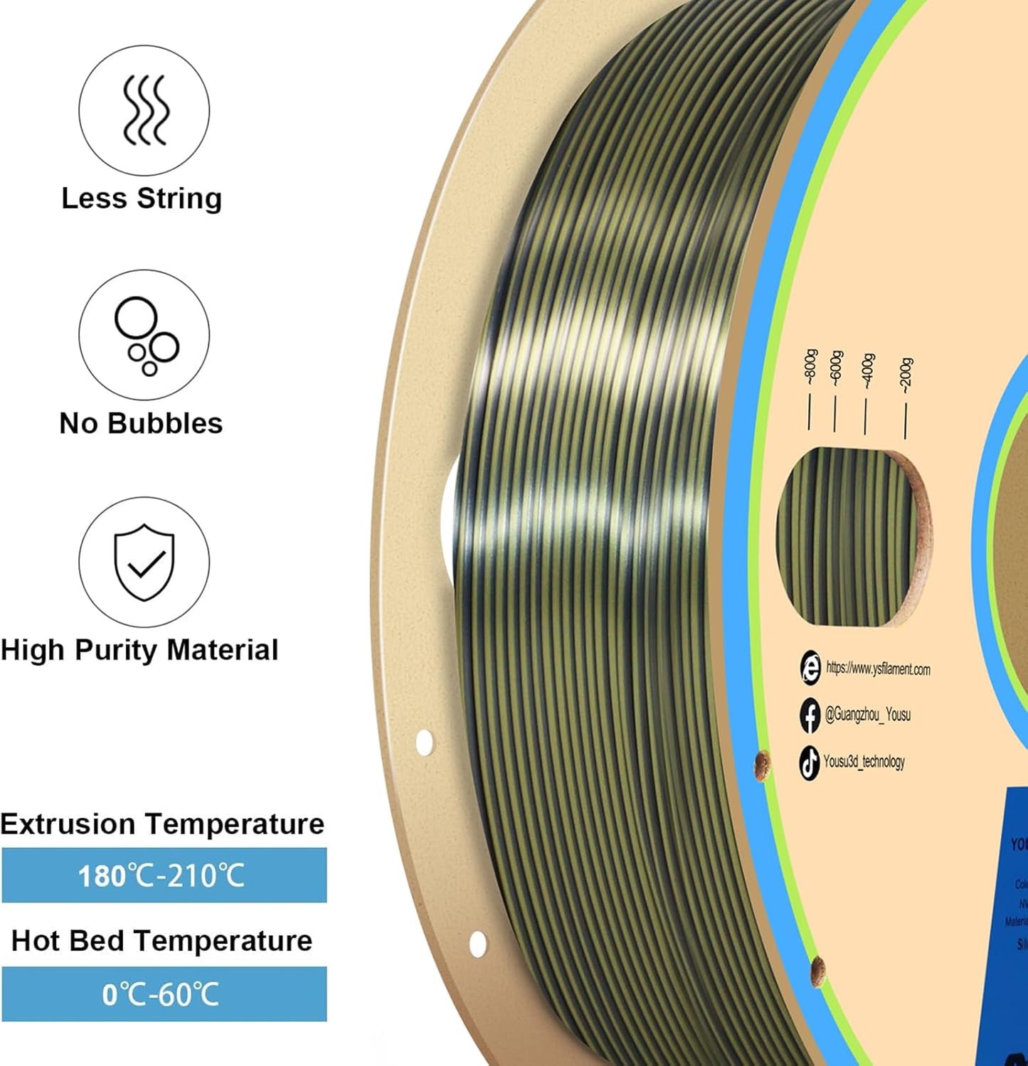 YOUSU Silk Dual Color PLA Filament, Coextrusion Filament, Multicolor 3D Printer Filament 1kg, Dichromatic Filament 1.75mm (± 0.03 mm) Compatible with Most of 3D Printer, Silk Silver Bronze