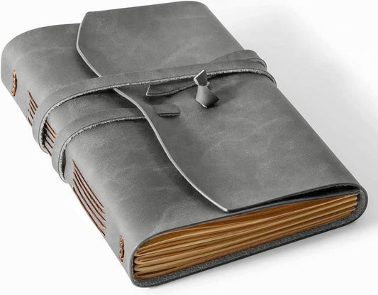 Leather Journal -, A5 Size Notebook 6x8.1 Inch, Genuine Leather Journals for Writing, Vintage Style, Ideal for Men and Women, Artists, Travelers, Grey