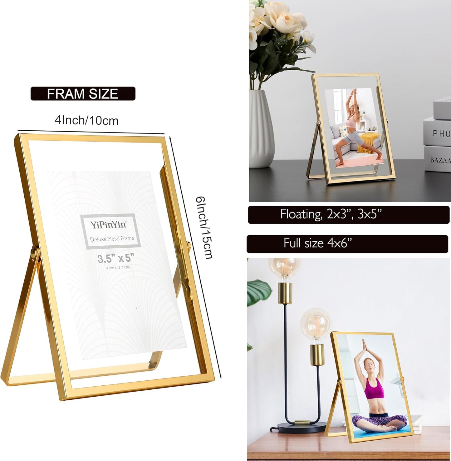 4x6'' Gold Floating Frame Set of 2, For Photo Sizes (2x3'', 3.5x 5''), Plated Metal Frames for Tabletop/Shelf Display, Wedding, Christmas,Birthady, Home or Office Decoration Frames Silver.
