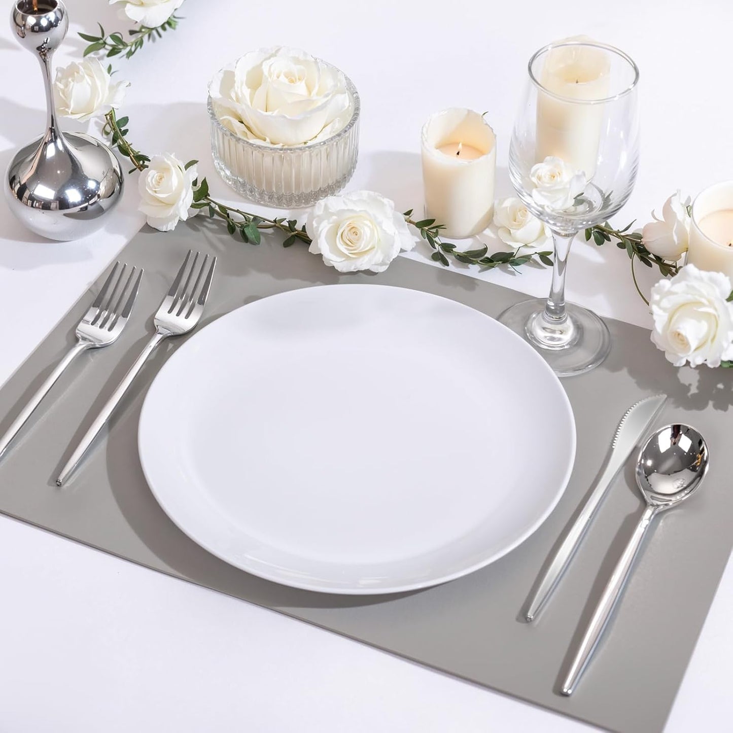 PULOTE 300PCS Silver Plastic Silverware Disposable - Heavy Duty Silver Plastic Cutlery - Disposable Utensils Set Include 100 Knives, 100 Forks and 100 Spoons for Party & Wedding