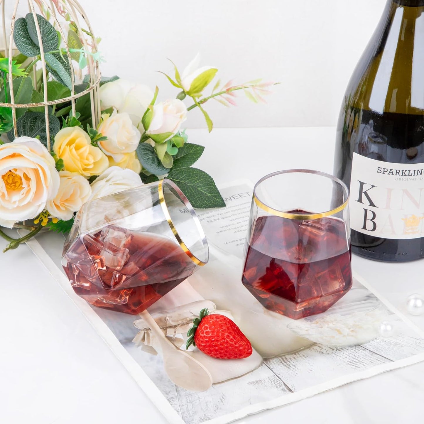 LUODA Gold Diamond Shaped Plastic Stemless Wine Glasses Set of 24, Disposable 12 Oz Gold Plastic Whiskey Glasses for Birthday, Housewarming and Weddings