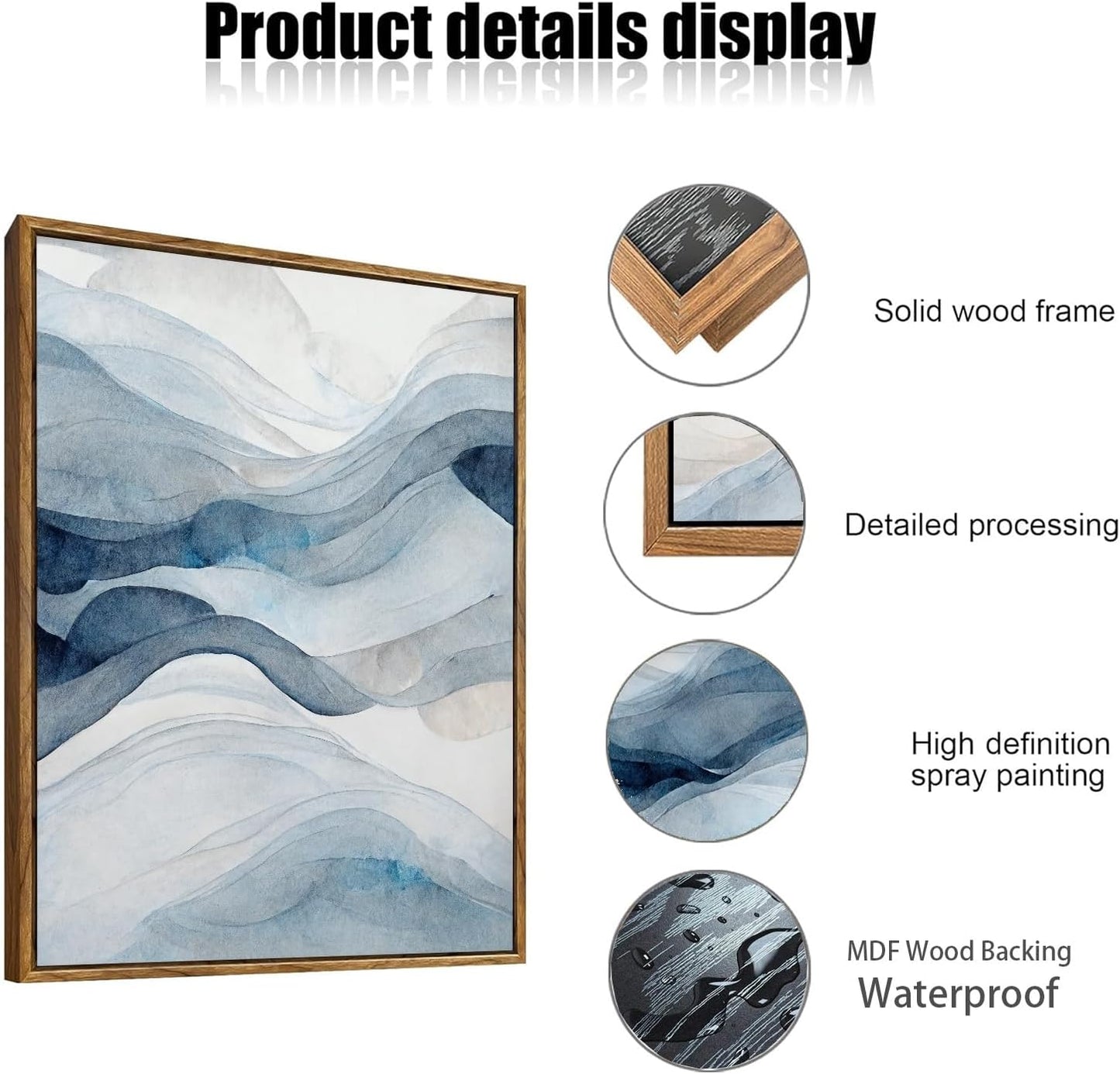 myusuar 3 Piece Large Abstract Framed Wall Art For Living Room, Smoke Texture Ink Navy Blue Canvas Wall Art Modern Minimalist Art Prints Wall Décor For Bedroom Office 24x36in