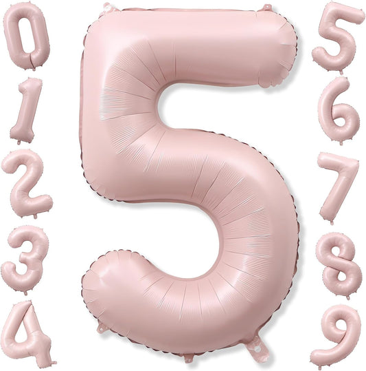 Light Pink Number Balloon 5, 40 Inch Large Self Inflating 5 Foil Number Balloons 0-9, Blush Pastel Pink Digital 5 Helium Balloon for Girls Women 5th Birthday Party Graduation Anniversary Decorations