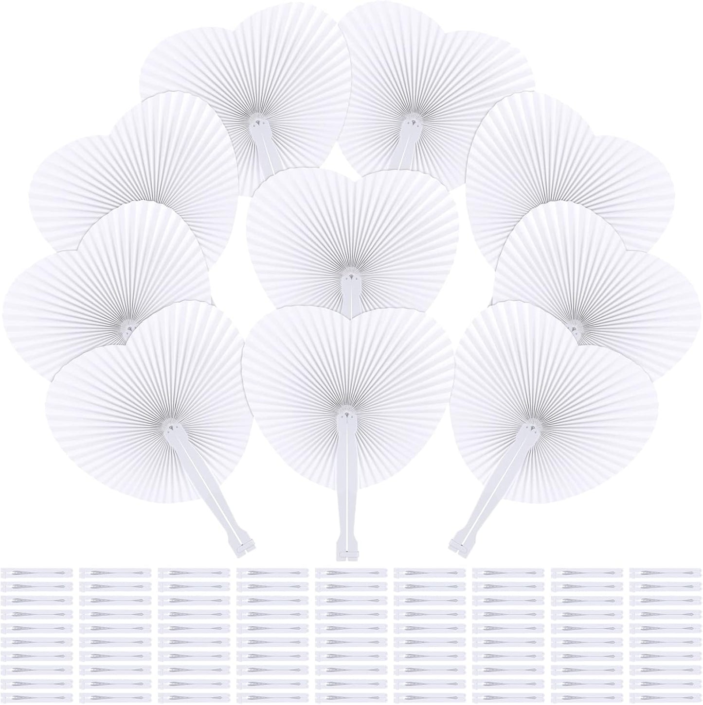 Aodaer 100 Pack Heart Shaped Folding Fans White Paper Fans Handheld Fans with Plastic Handles for Party, Wedding, Anniversary Decoration