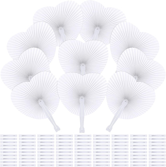 Aodaer 100 Pack Heart Shaped Folding Fans White Paper Fans Handheld Fans with Plastic Handles for Party, Wedding, Anniversary Decoration