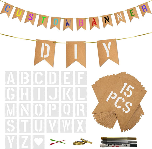 15 PCS Custom Banner Set DIY Blank Flags with Letter Stencil Markers Ribbon Personalized Painting Banner for Party Birthday
