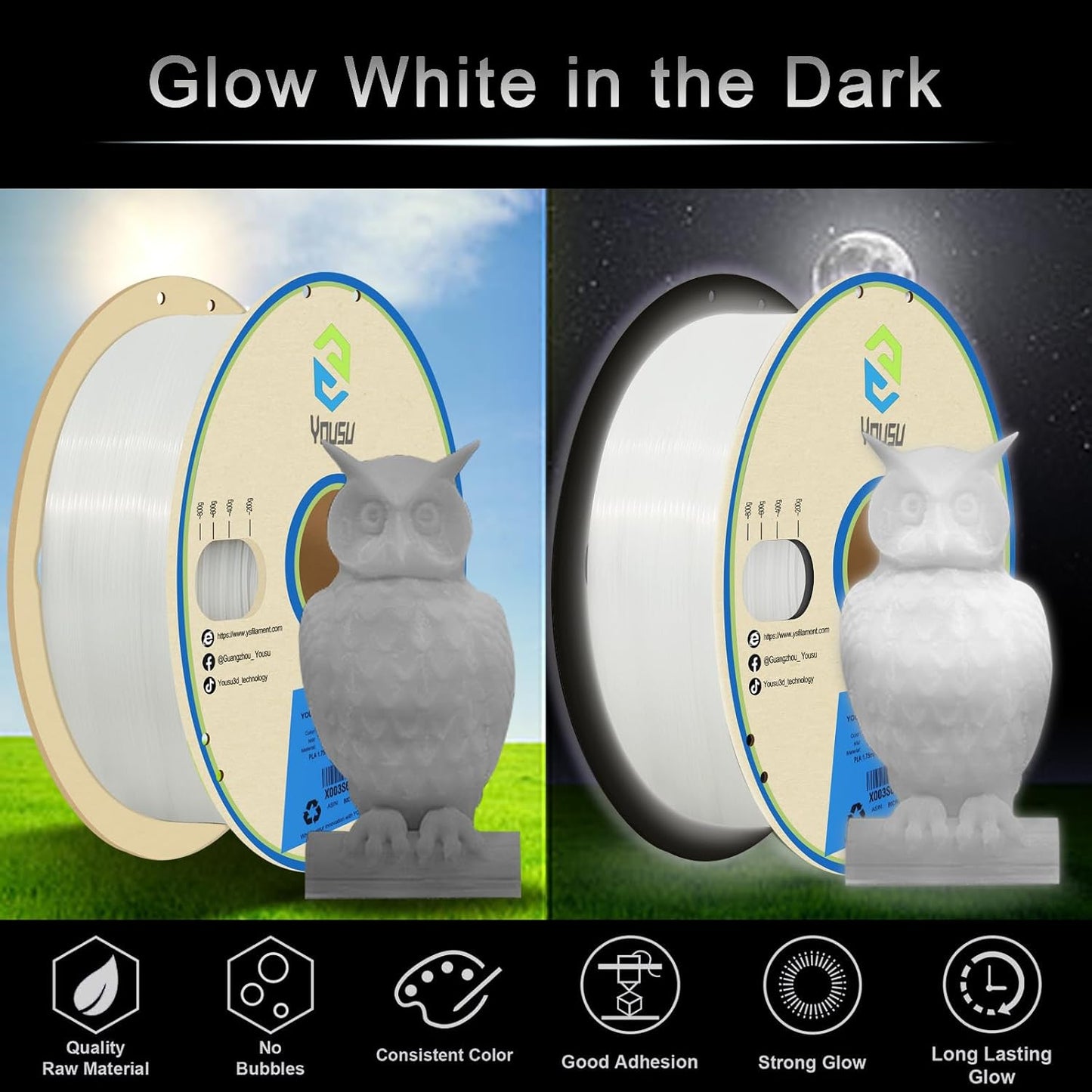 YOUSU 3D Printer Filament 1.75mm PLA Filament Glow in Dark White PLA Filament 3D Printing Filament 1kg(2.2lbs) Spool.