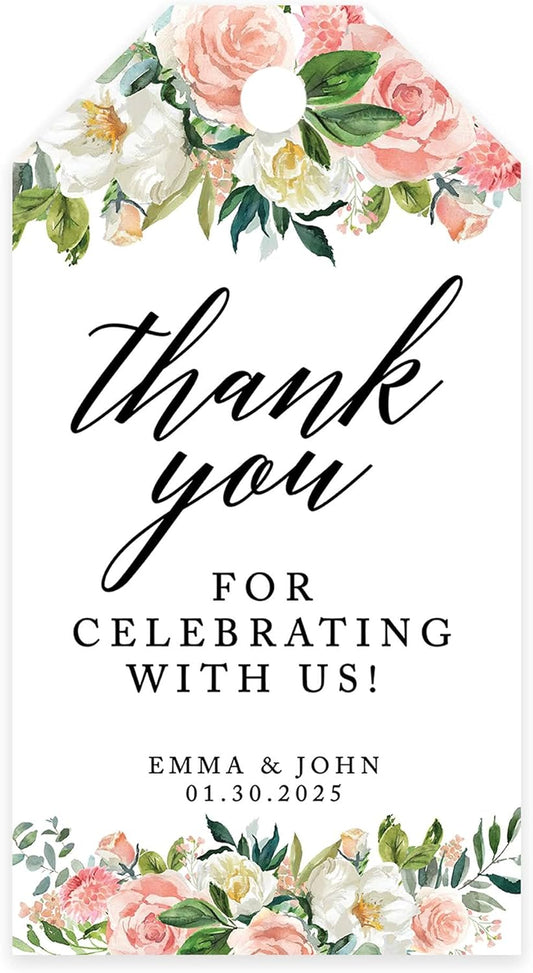 Andaz Press 100-Pack Personalized Thank You for Celebrating with Us Wedding Favor Tags with Bakers Twine Peach Coral Floral Garden Custom Cardstock Wedding Gift Tags for Party Favors 2 x 3.75-Inches
