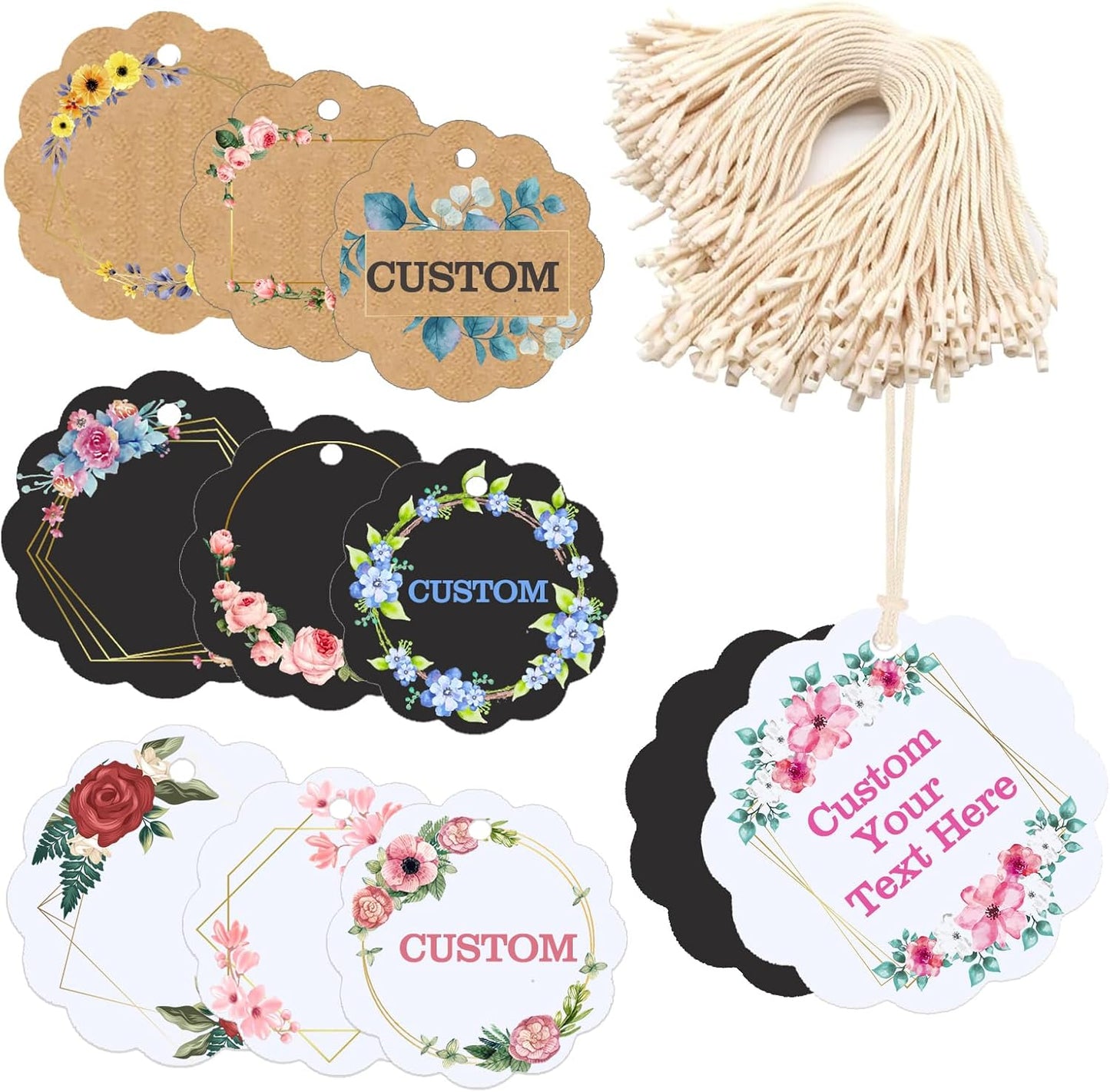 Personalized Gift Tags with String Custom Hang Tags with Your Logo/Text Small Card Party Decoration Paper Gift Tags for Birthday Wedding Christmas