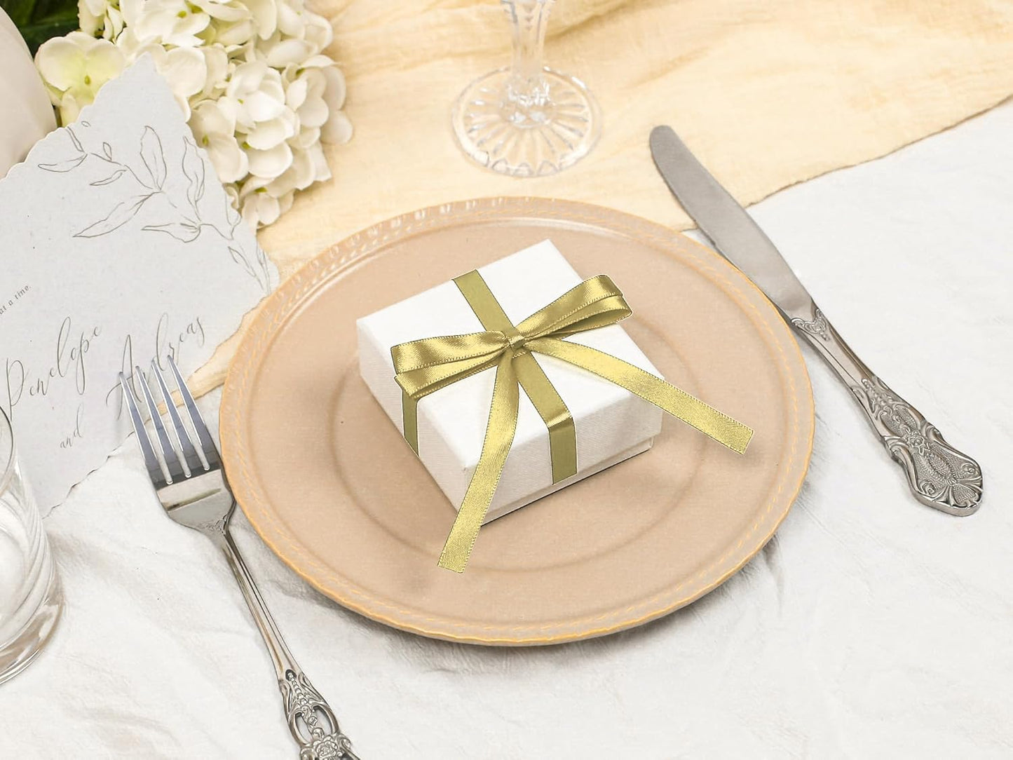 Light Gold Satin Ribbon 3/8 inch X Continuous 50 Yards, Single Face Polyester Ribbon Perfect for Gift Wrapping, Flower Bouquet, Wedding Decor, Crafts, Bow Making, Sewing and More