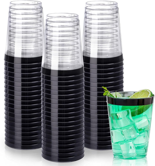 DaYammi 100 Pack Black Plastic Cups 10Oz Clear Disposable Cups with Black Rim, Clear Cocktail Cup Heavy Duty Disposable Wine Glasses Disposable Fancy Plastic Cups for Halloween Party