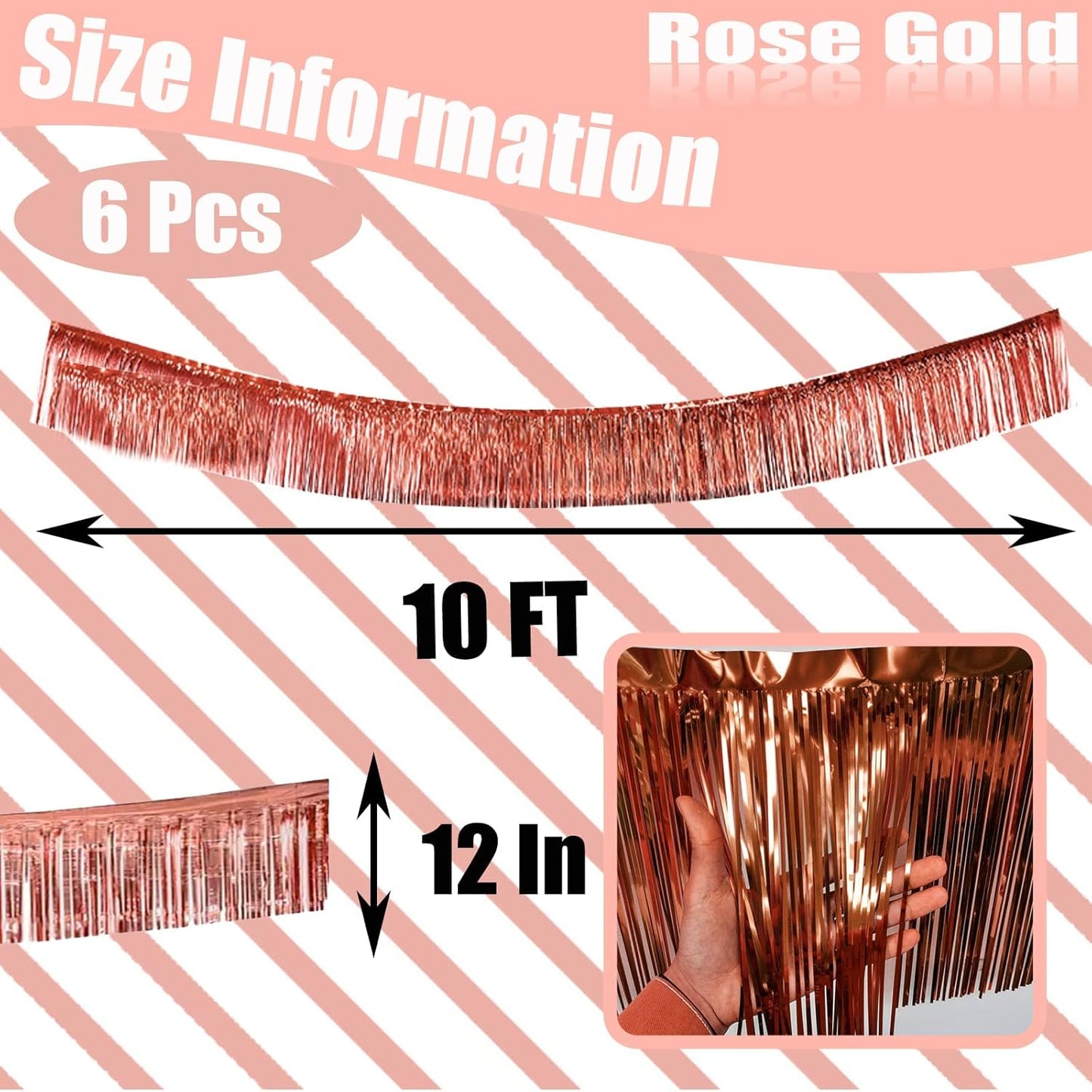 6 Pack 10 Feet Rose Gold Foil Fringe Garland Metallic Tinsel Streamers Banner Wall Hanging Curtain Backdrop Banner for Parade Floats, Thanksgiving, Christmas, Birthday, Halloween Party Decorations