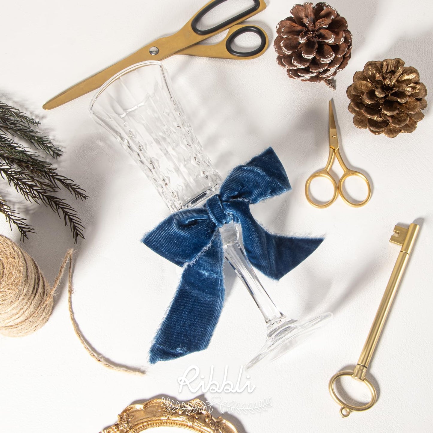 Ribbli Ocean Blue Velvet Ribbon 1.5 Inch Handmade Frayed Vintage Christmas Ribbon for Gift Wrapping Christmas Tree Ornament Wreath Craft Home Decor -Total 3 Yards with Wooden Spool