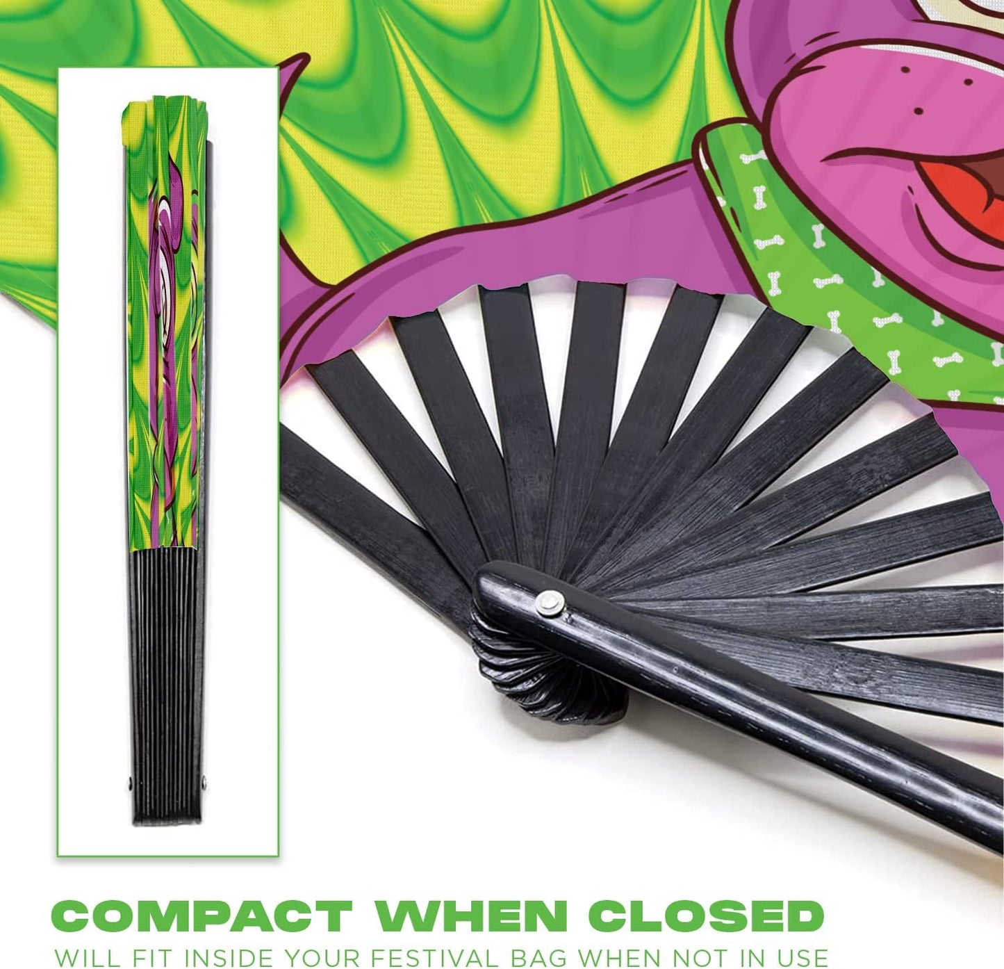 GloFX Rave Trippy Doggy Large Folding Fan - Music Festival Essentials, EDM Rave Accessories