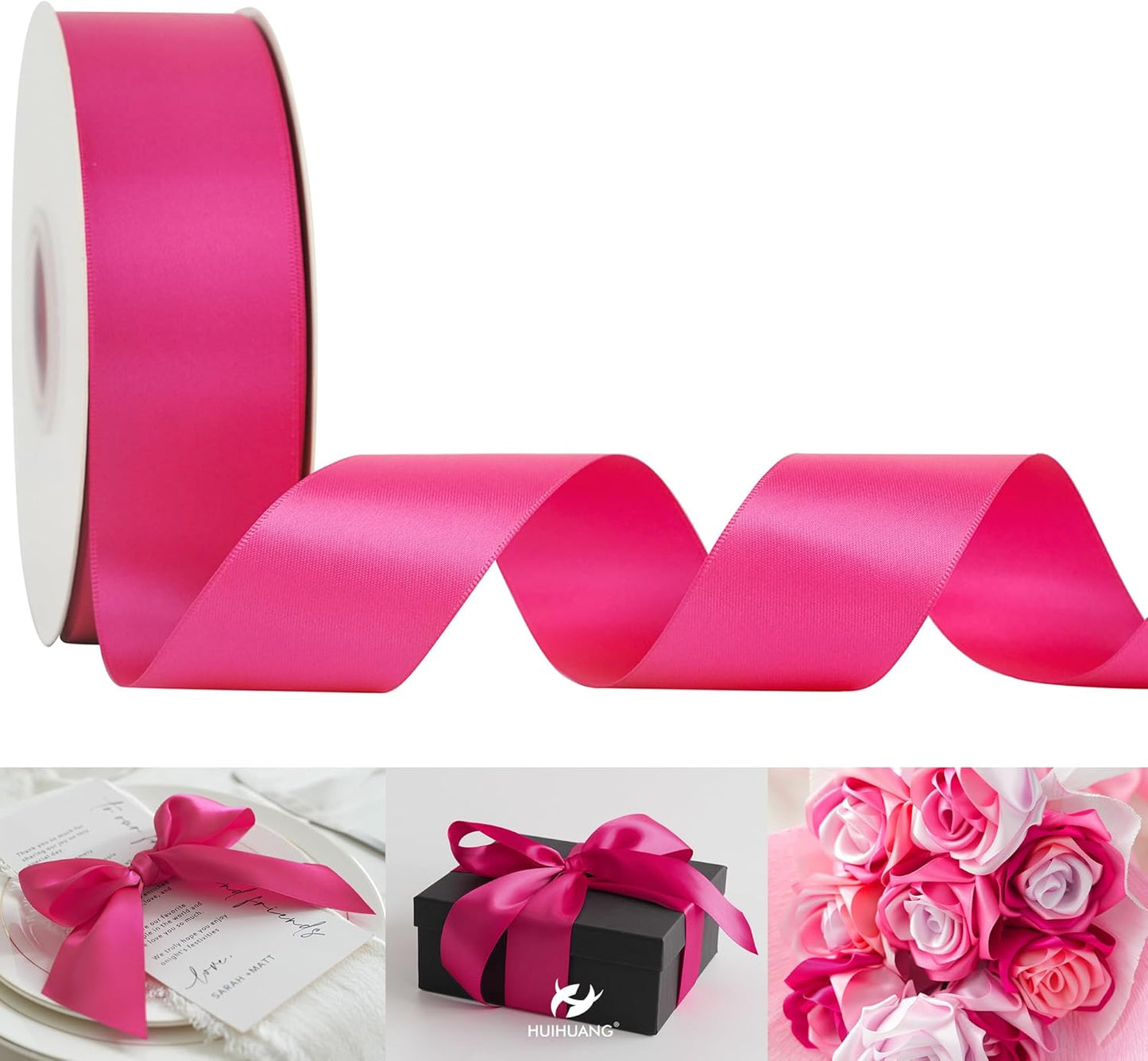 HUIHUANG Hot Pink Satin Ribbon 1-1/2 inch x 50 Yards Double-Faced Silk Like Ribbon for Flower Bouquet, Eternal Flowers, DIY Crafts, Party Favors, Bridal Shower Wedding Decor, Gift Wrapping, Bows