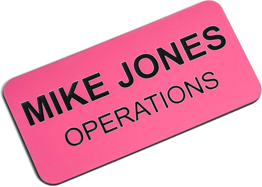 Custom Engraved Name Tag Badges – Personalized Identification with Pin or Magnetic Backing, 1.5 Inch x 3 Inches, Pink/Black