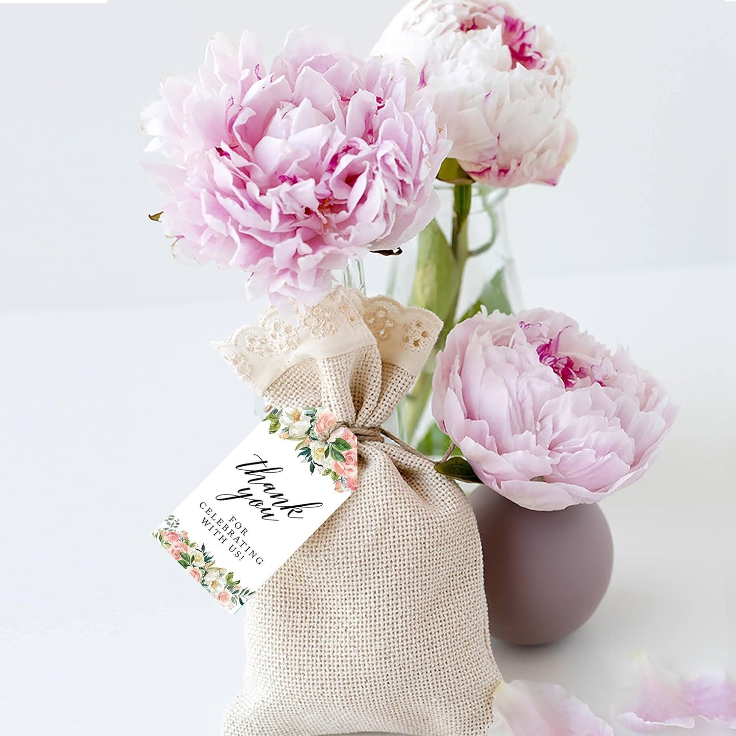 Andaz Press 100-Pack Thank You for Celebrating with Us Favor Tags Peach Coral Floral Garden Cardstock Gift Tags with Bakers Twine for Wedding Baby Shower Bridal Shower Party Favors 2 x 3.75-Inches