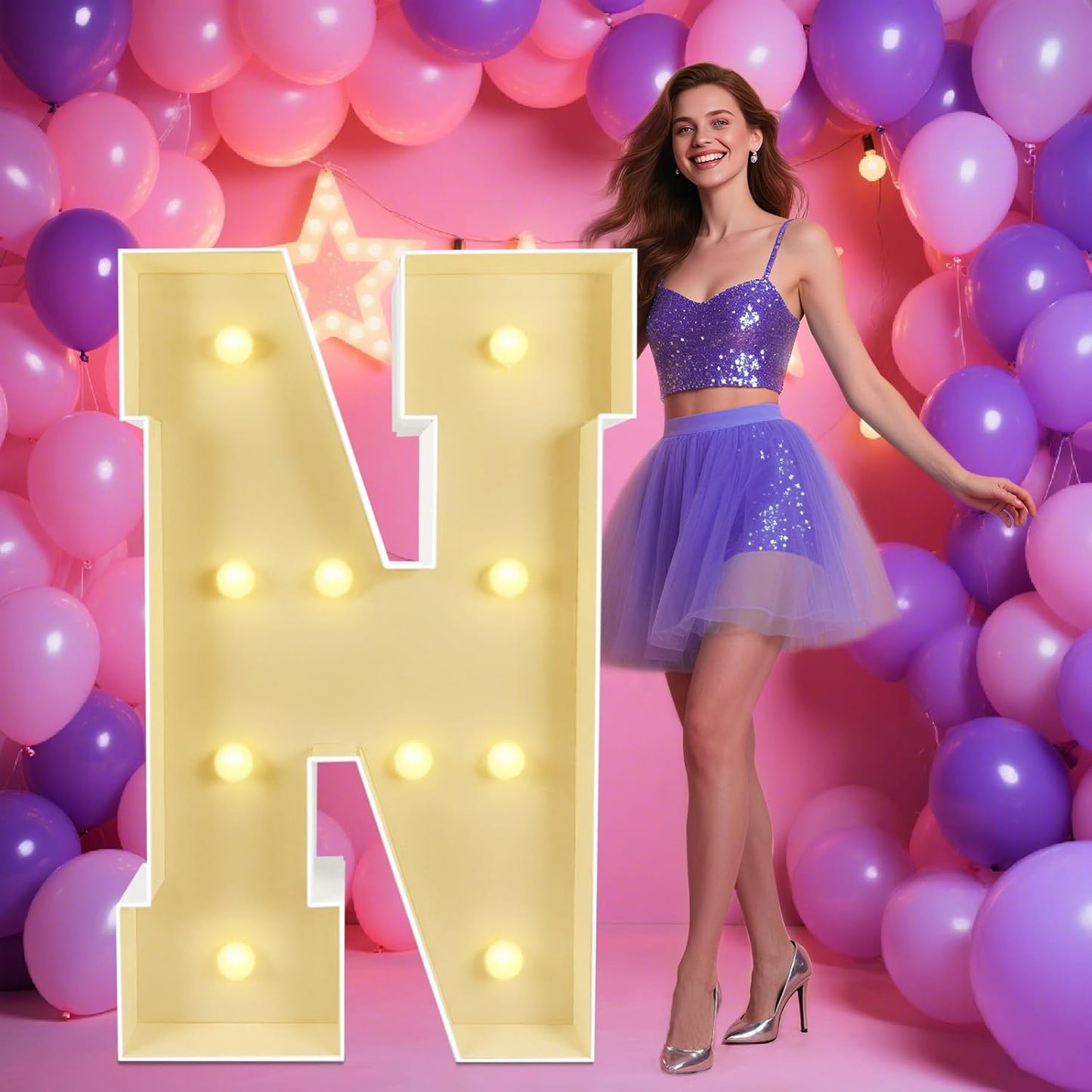 Marquee Light Up Letters: 4FT Large Decorative Signs for Party Decorations Baby Shower Birthday Wedding Engagement Anniversary, 4 Feet Tall Pre-Cut DIY Foamboard Letter N - Easy to Assemble