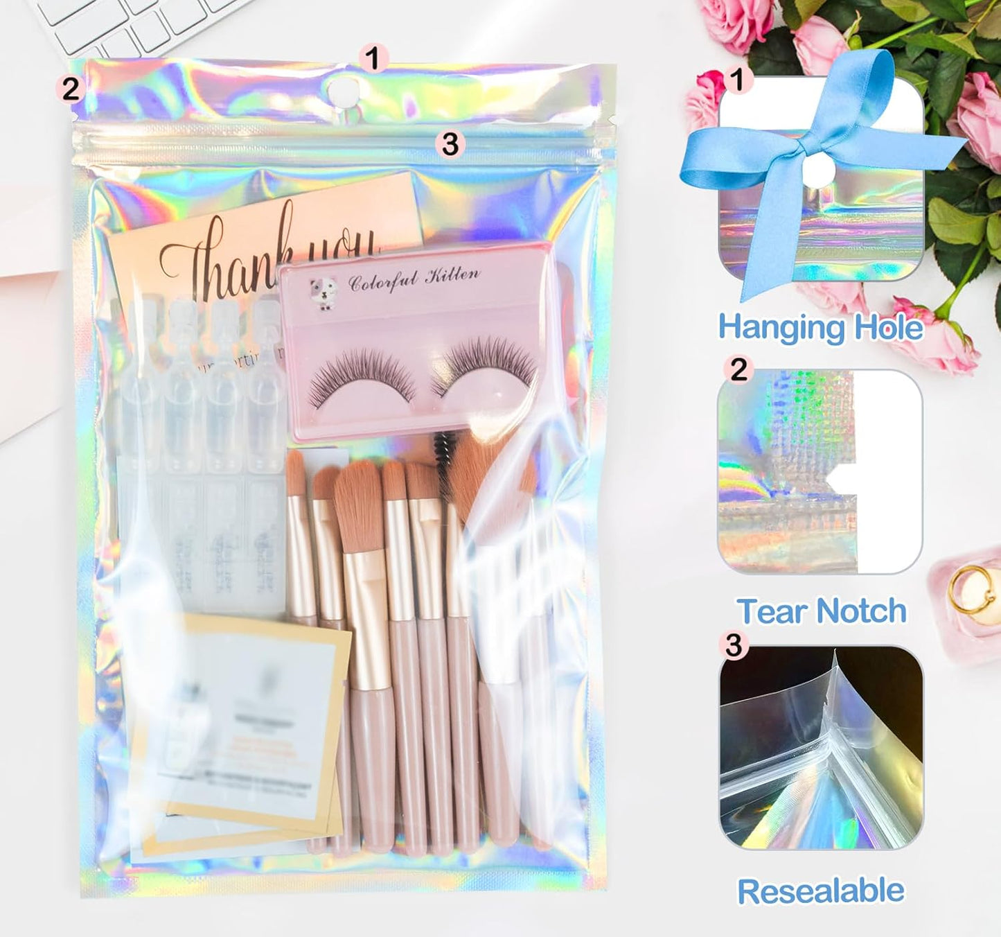 Smell Proof Bags & Resealable Foil Pouch Sample Bag [100 PCS ] Great for Party Favor Food Storage (Holographic Color) (6x9 Inch)