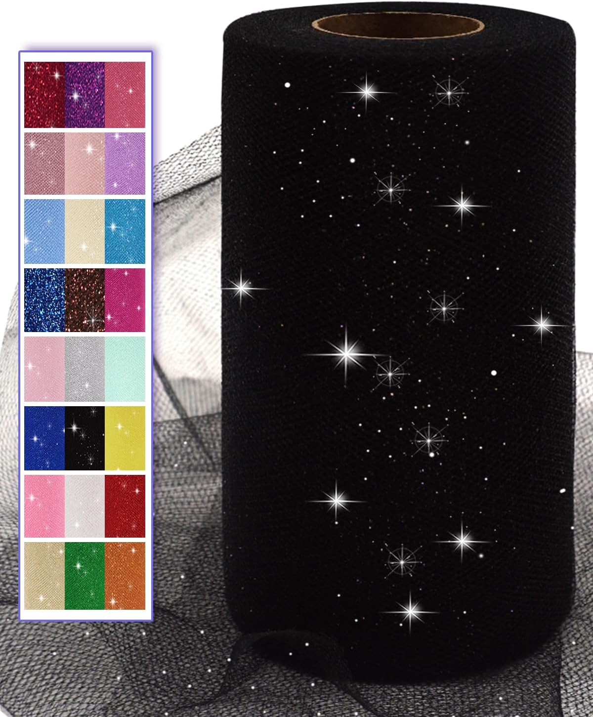 Black Glitter Tulle Fabric Rolls, 6 Inch 50 Yards (150ft) Sparkling Spool Ribbon Sequin Netting for Tutu Skirt Gift Wrapping Wedding Party Decoration (Black)