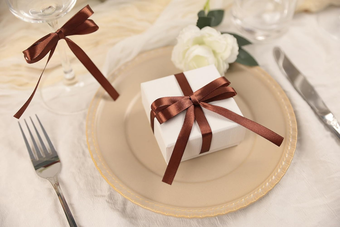 Coffee Brown Satin Ribbon 3/8 inch X Continuous 50 Yards, Single Face Polyester Ribbon Perfect for Gift Wrapping, Flower Bouquet, Wedding Decor, Crafts, Bow Making, Sewing and More