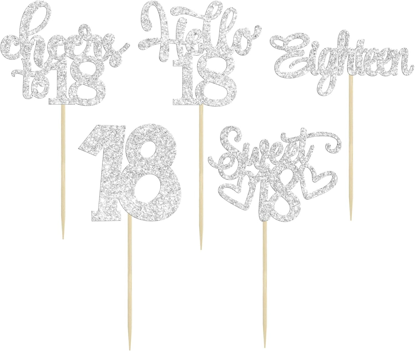 30Pcs18th Birthday Cupcake Toppers Eighteen Happy 18th Cupcake Picks Sweet 18 Cheers to 18 Cake Decorations for 18th Birthday Anniversary Party Supplies Silver Glitter