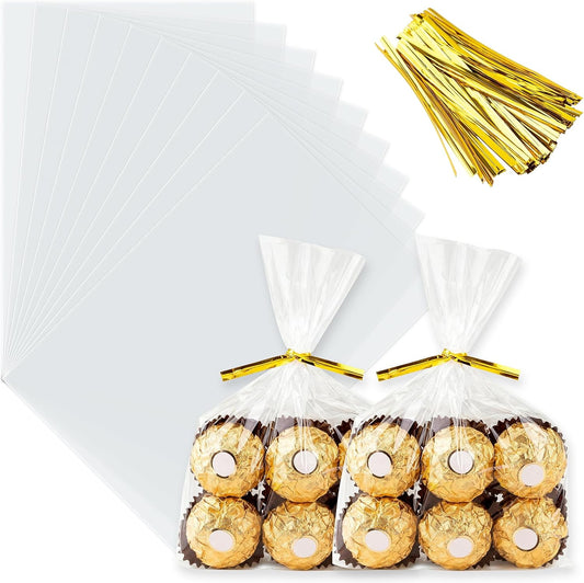 ZHEWTOEN 100 Pcs 6x9 Inch Clear Cellophane Bags with Color Twist Ties, Plastic Goodie Cello Treat Bags for Candy, Cookies, Popcorn, Small Gift Wrapping, Party Favors, Bakery Packaging