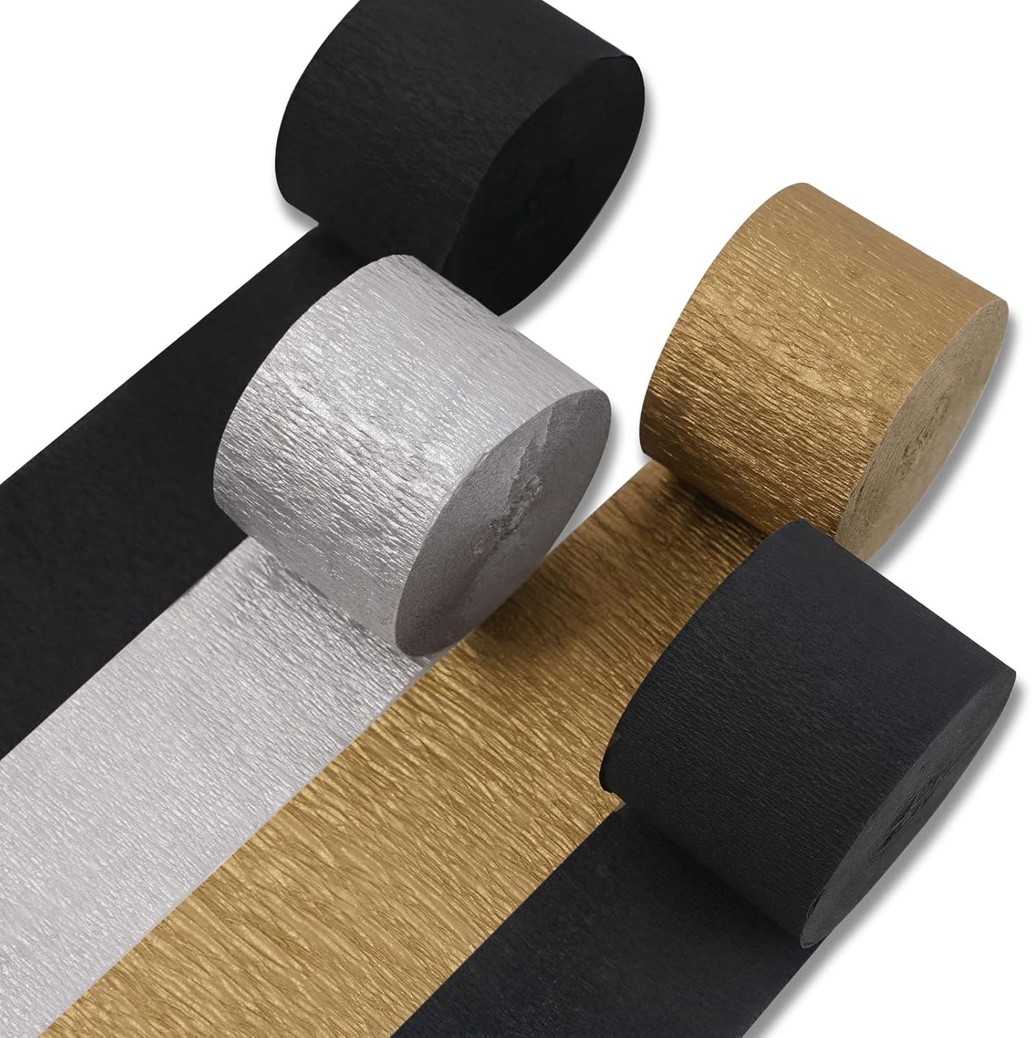 PartyWoo Black Gold Silver Crepe Paper Streamers 4 Rolls 328 ft Pack of Black Metallic Silver Gold Crepe Paper for Graduation New Year Birthday Party Decorations (1.8 Inch x 82 Ft/Roll)