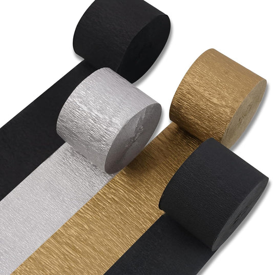 PartyWoo Black Gold Silver Crepe Paper Streamers 4 Rolls 328 ft Pack of Black Metallic Silver Gold Crepe Paper for Graduation New Year Birthday Party Decorations (1.8 Inch x 82 Ft/Roll)