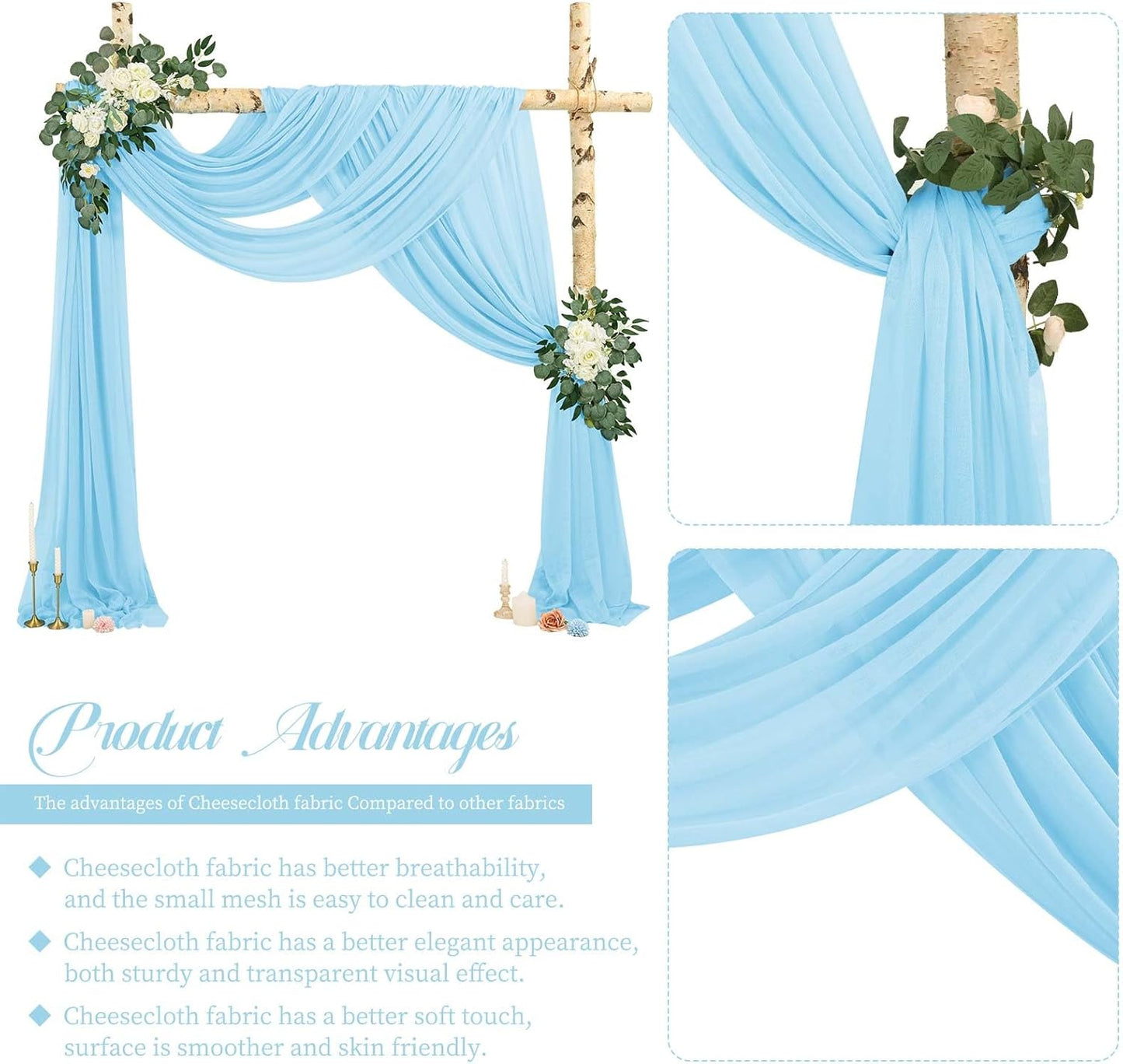 4 Panels Light Blue Wedding Arch Draping Fabric Cheesecloth Fabric 35" x 20FT Gauze Fabric Arch Drapes for Wedding Reception Sheer Backdrop Photo Background Household or Out Door Curtain