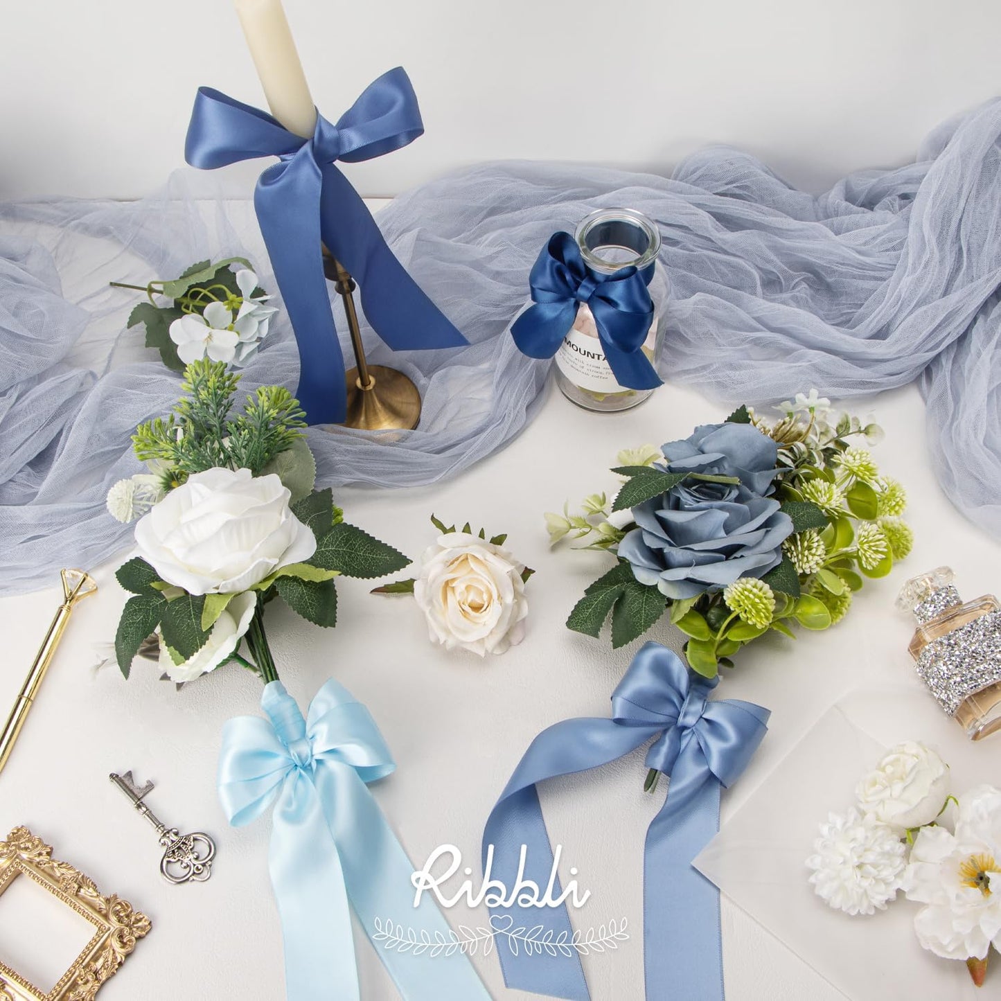 Ribbli Dusty Blue Satin Ribbon 1-1/2 Inch x 4 Rolls Total 40 Yards- Light Blue/Dusty Blue/Smoke Blue/Light Navy Ribbon for Gift Wrapping Craft Wedding Decoration