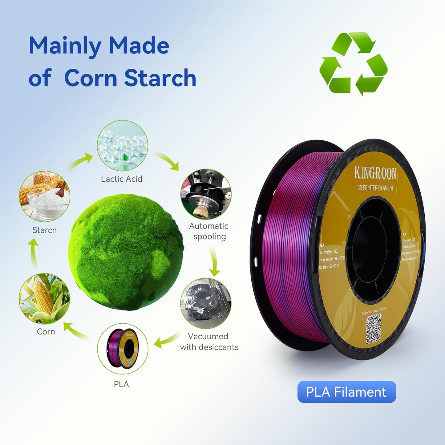 Kingroon Silk PLA Triple Color,3D Printer Filament,Pla Filament 1.75mm,Multicolor Filament 1KG,Dimensional Accuracy +/- 0.03mm,for Most FDM 3D Printer,Red Green Blue